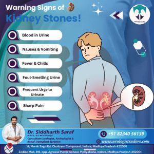 Warning Signs of Kidney Stones – Symptoms like blood in urine, nausea, vomiting, fever, chills, foul-smelling urine, frequent urge to urinate, and sharp pain. Expert care by Dr. Siddharth Saraf, Urologist in Indore.