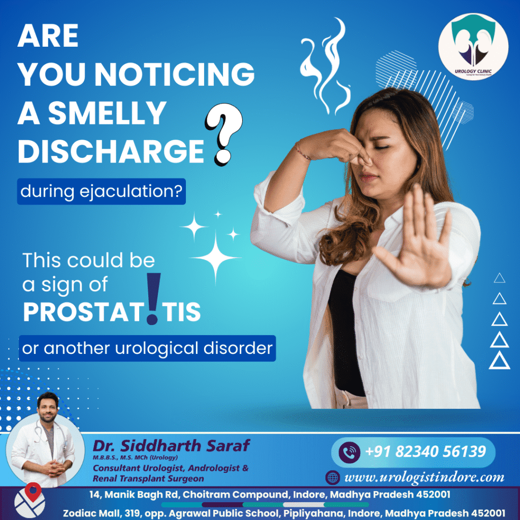 Illustration of a man concerned about smelly semen during ejaculation, indicating possible prostatitis or urological infection