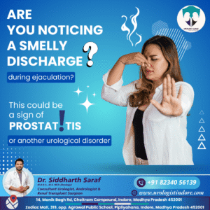 Illustration of a man concerned about smelly semen during ejaculation, indicating possible prostatitis or urological infection
